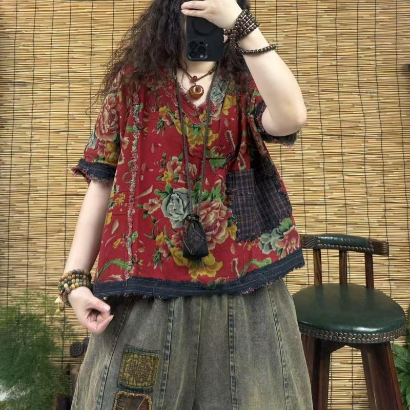 夏季新款覆古新中式砂洗做旧老布拼接毛边短袖上衣宽松大尺码T恤