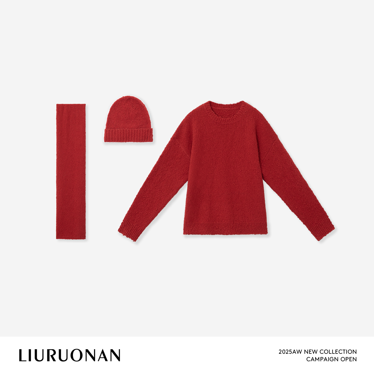 LIURUONAN 25WIN【奶油草莓】圆领保暖显白长袖针织毛衣/配围巾帽子