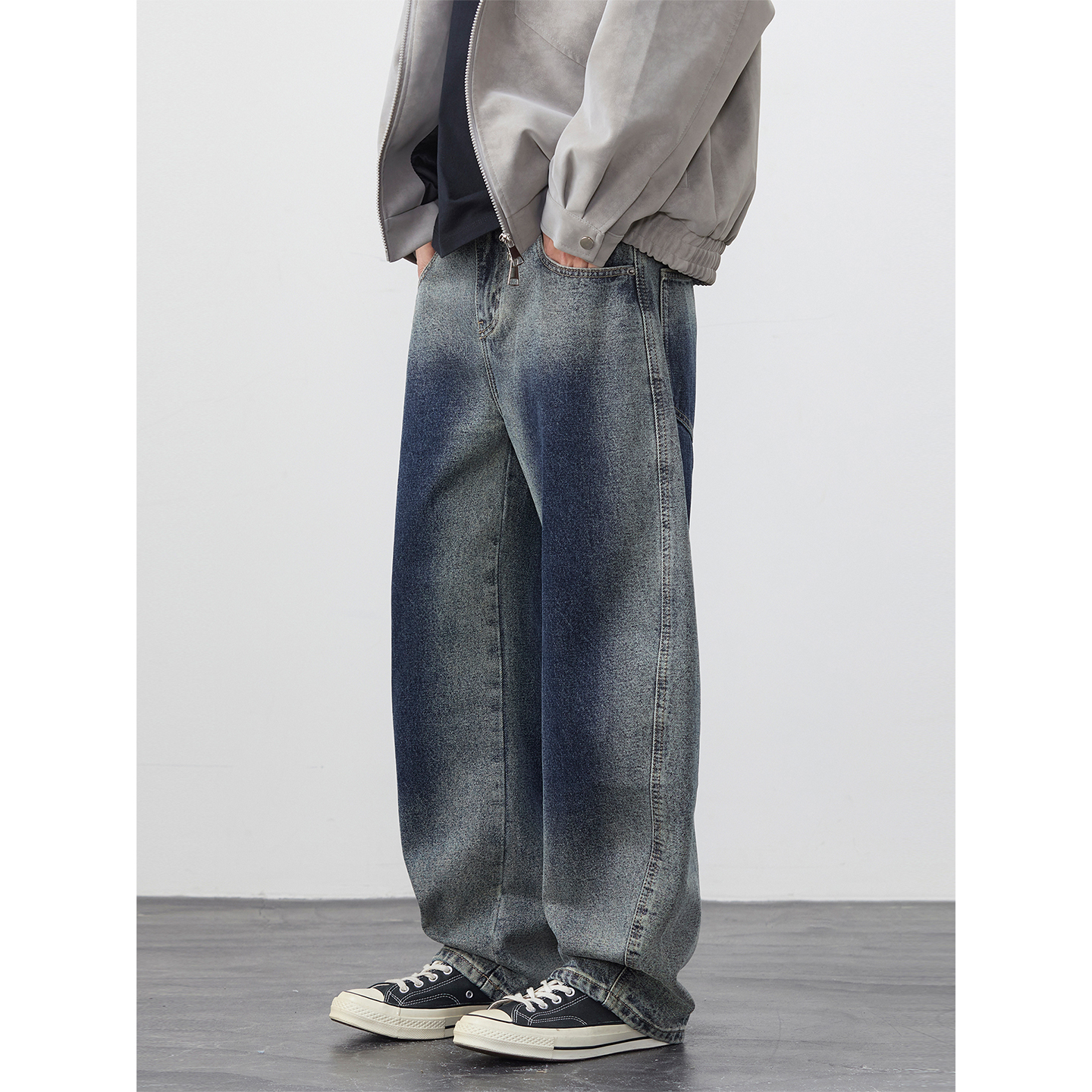 Kuvine秋季小众设计感复古水洗做旧渐变牛仔裤男宽松百搭弯刀裤子