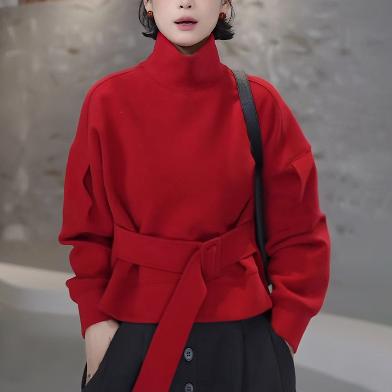 高领套头红色卫衣女士2025秋冬新款时尚减龄宽松显瘦收腰系带上衣
