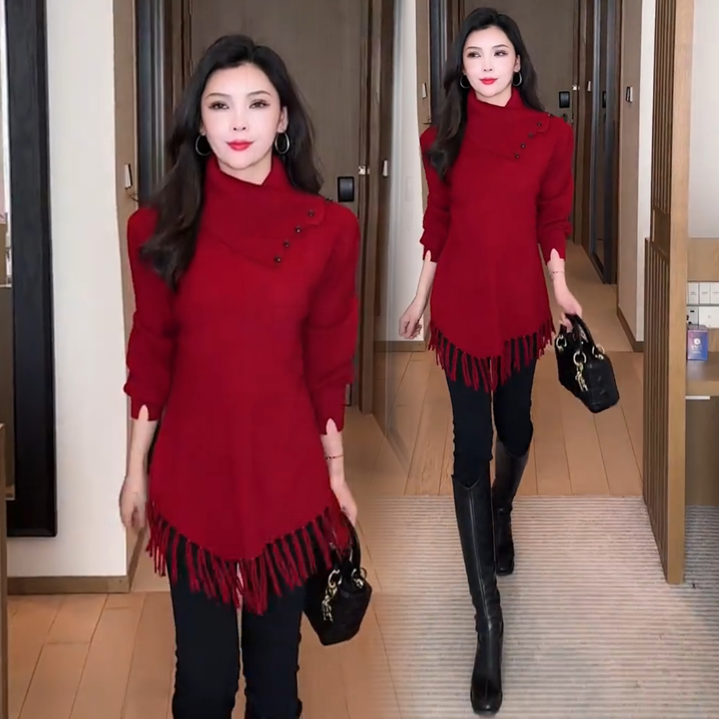 时尚高领流苏毛衣女2025秋冬新款长袖显瘦气质百搭遮肚打底针织衫