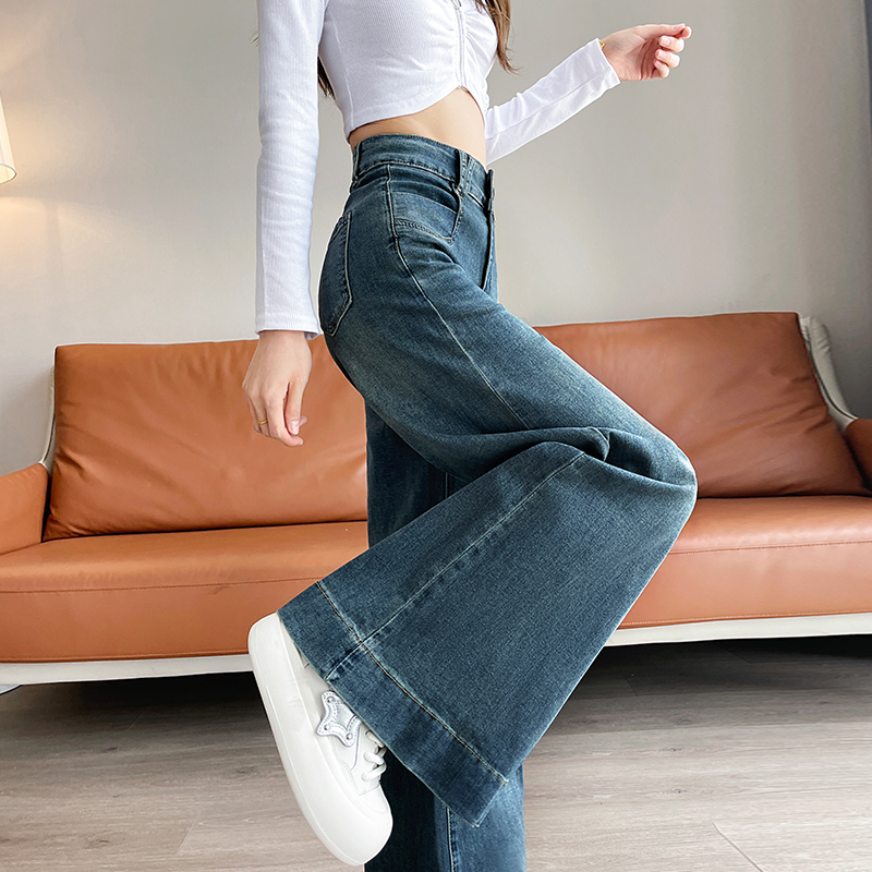 复古高腰大喇叭牛仔裤女2025秋季新款弹力不贴腿宽松阔腿拖地裤子