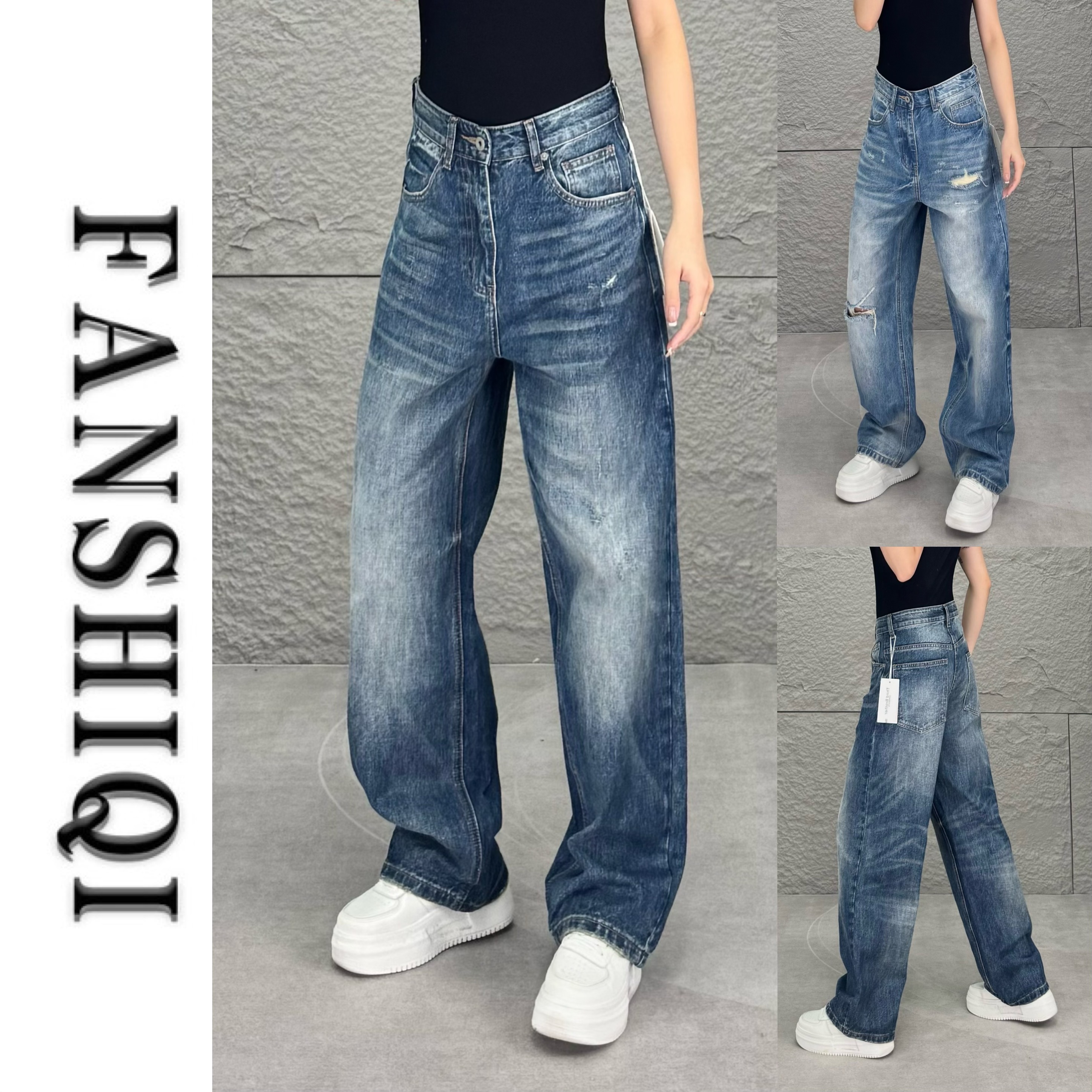 2025秋季新款男士复古磨破设计宽松直筒牛仔裤高腰阔腿牛仔裤K11