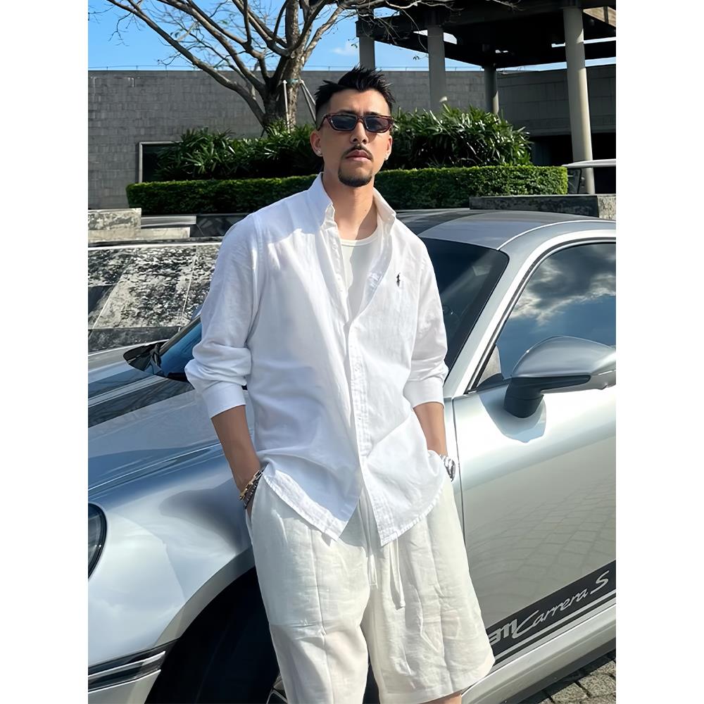 白色小马刺绣亚麻衬衫男款夏季松弛感轻薄防晒衬衣美式慵懒风外套