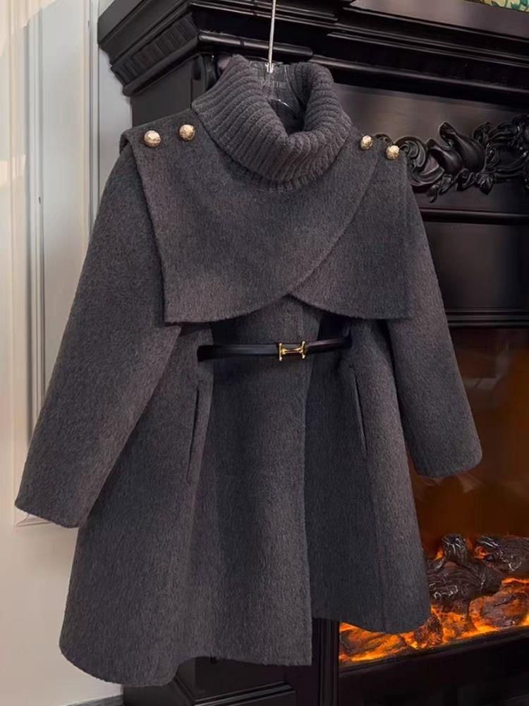 女童毛呢大衣2025秋冬新款加绒加厚中长款两件儿童高领呢子外套
