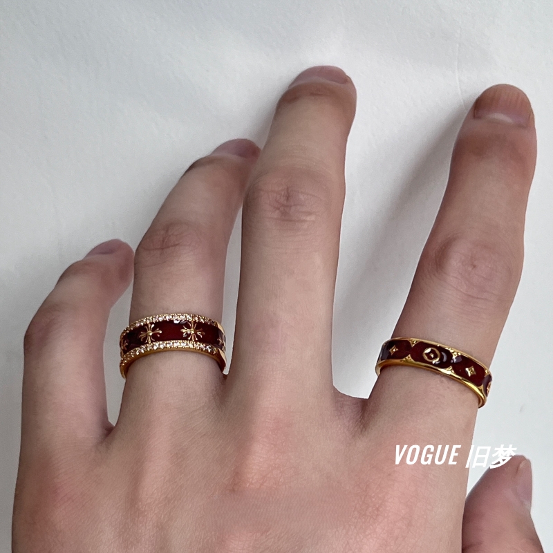 合金戒指 酒红金色复古开口戒指镶嵌小众设计轻奢指环老钱风ins