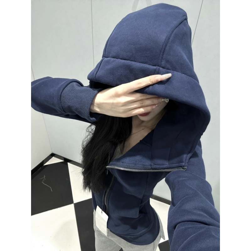 藏青色长袖连帽卫衣外套女春秋季修身收腰显瘦上衣设计感拉链开衫