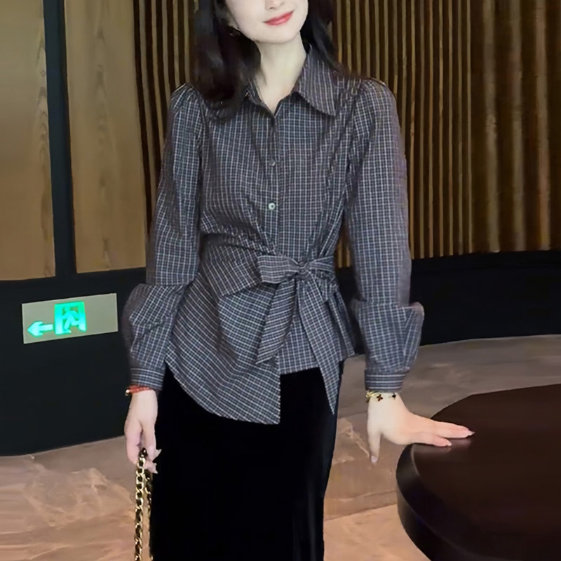 6937新款不规则收腰系带翻领长袖格子衬衫韩系小众别致上衣
