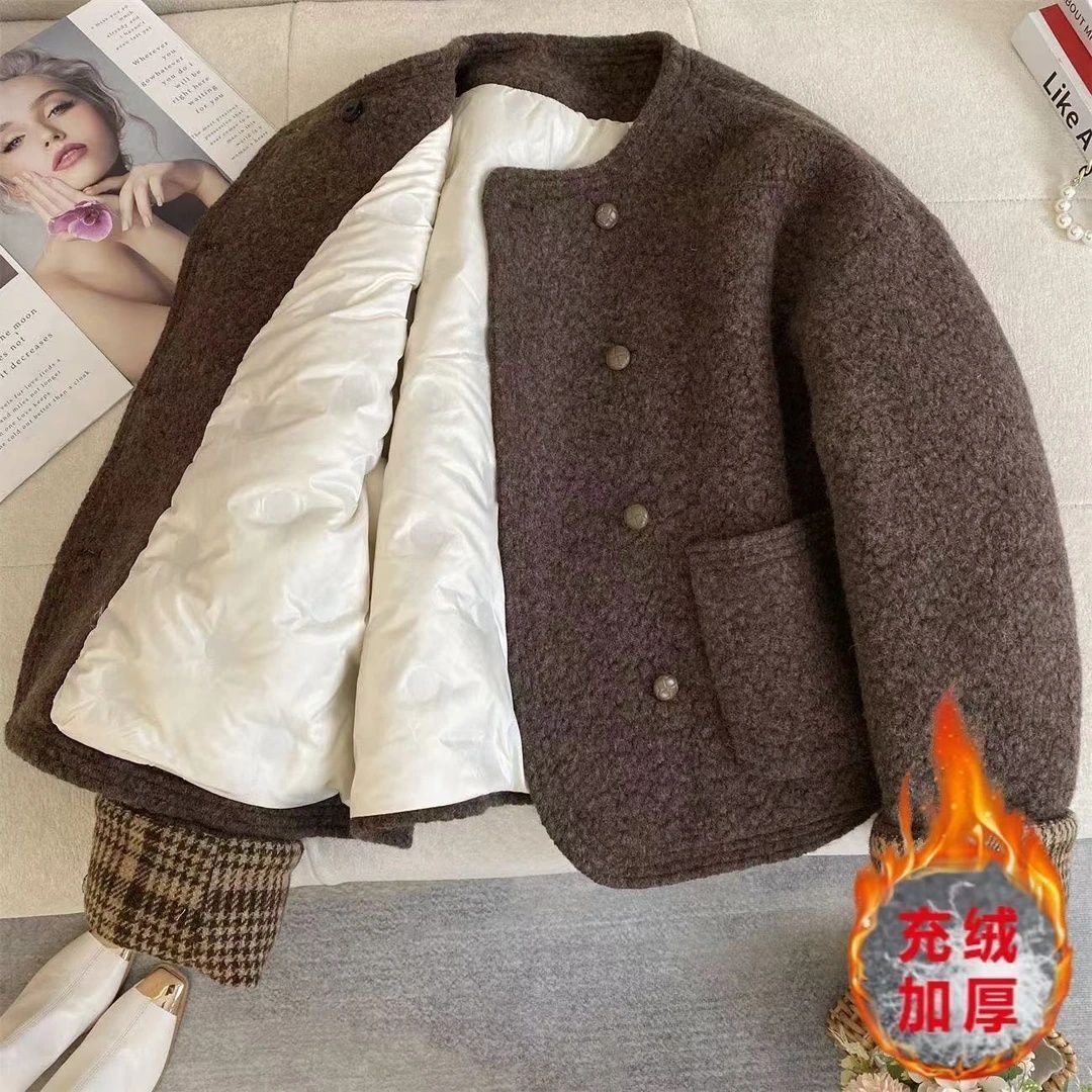 拼接香风新款时尚秋冬格子小个子内胆上衣羊羔加厚外套001