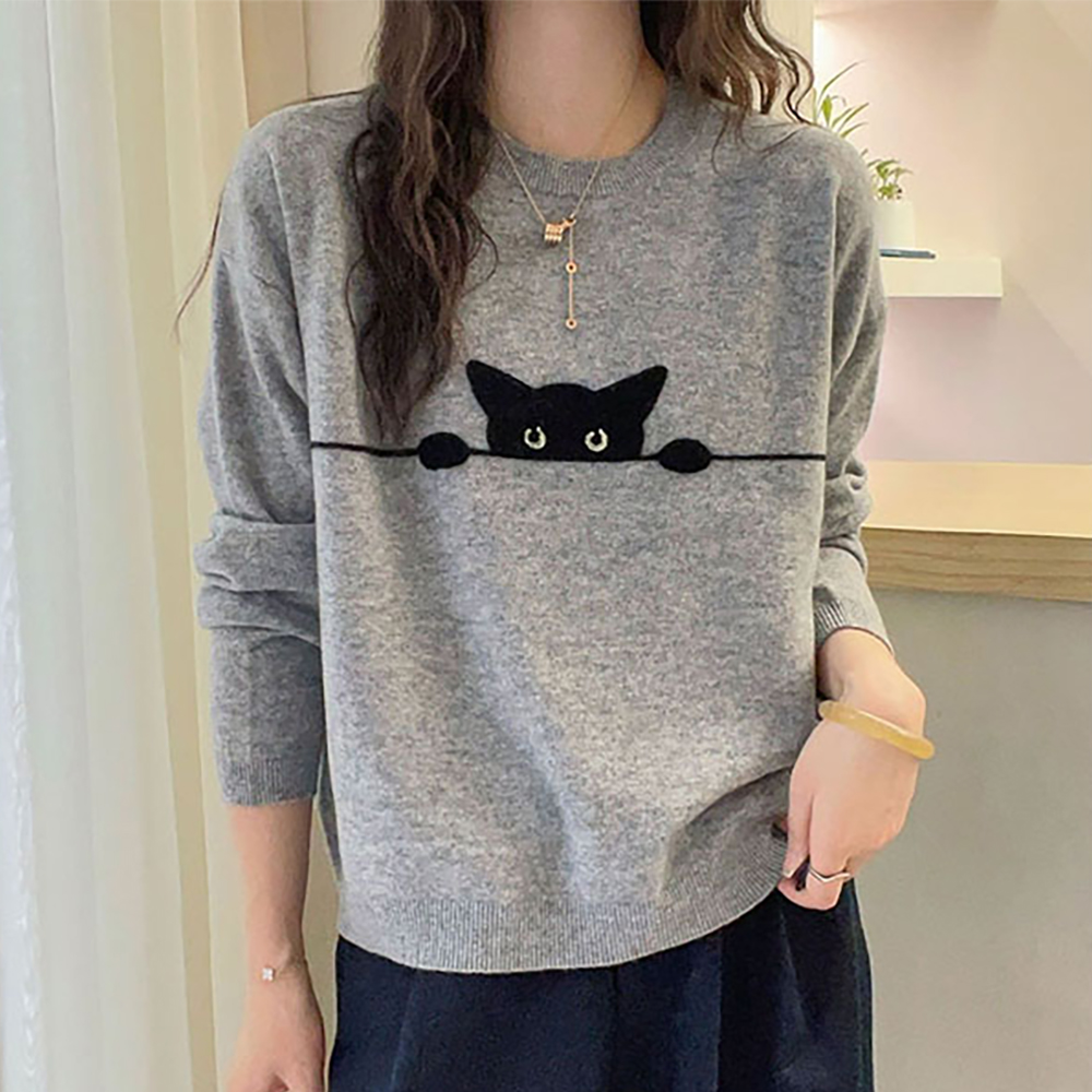 灰色印花小猫毛衣针织衫女士秋季慵懒高级感宽松洋气内搭打底上衣