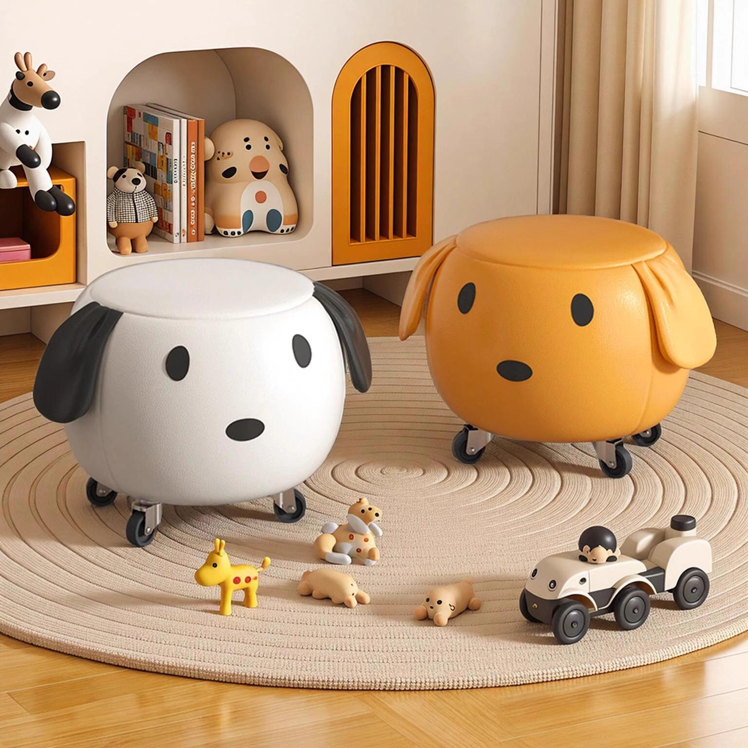 万向轮小凳子家用滑轮矮凳入门换鞋凳卡通沙发小板凳可爱小狗皮凳