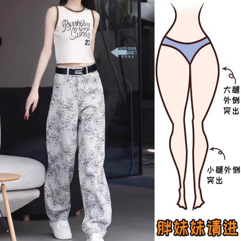 2025夏季薄款大码女装复古刺绣阔腿牛仔裤梨形身材高腰宽松拖地裤