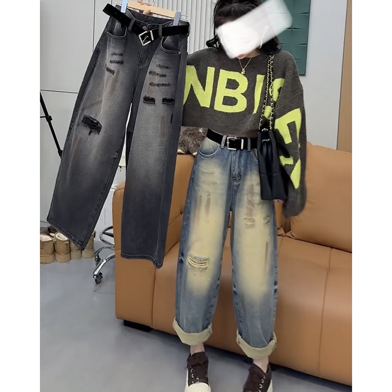2025秋季新款破洞阔腿老爹裤女爆款宽松显瘦牛仔裤做旧高街九分裤