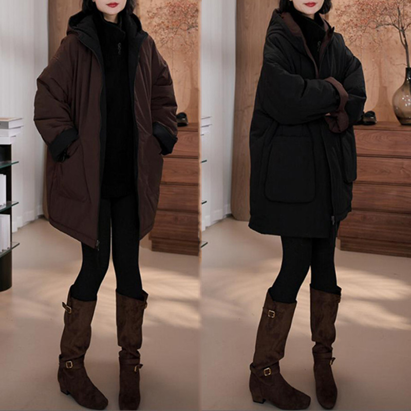 时尚双面穿保暖连帽棉服外套女2025冬季新款百搭减龄通勤百搭大衣