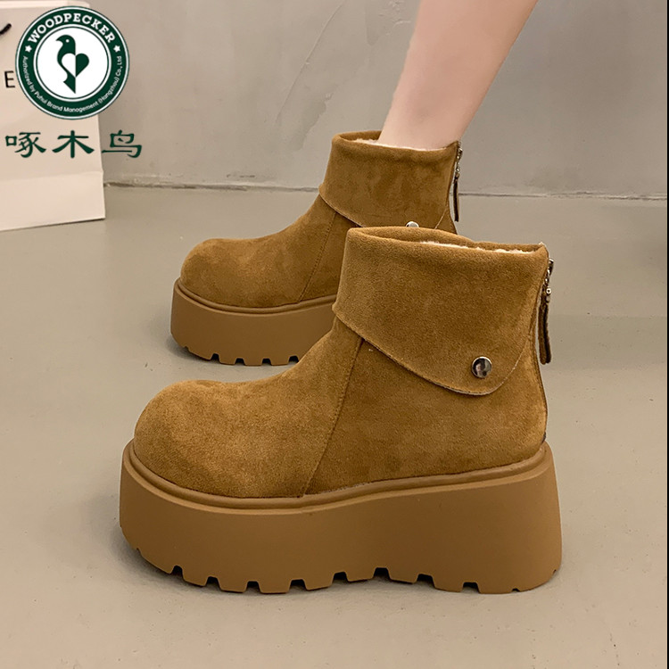 啄木鸟厚底增高雪地靴女马丁靴2025新款冬季加绒保暖短靴大头棉鞋