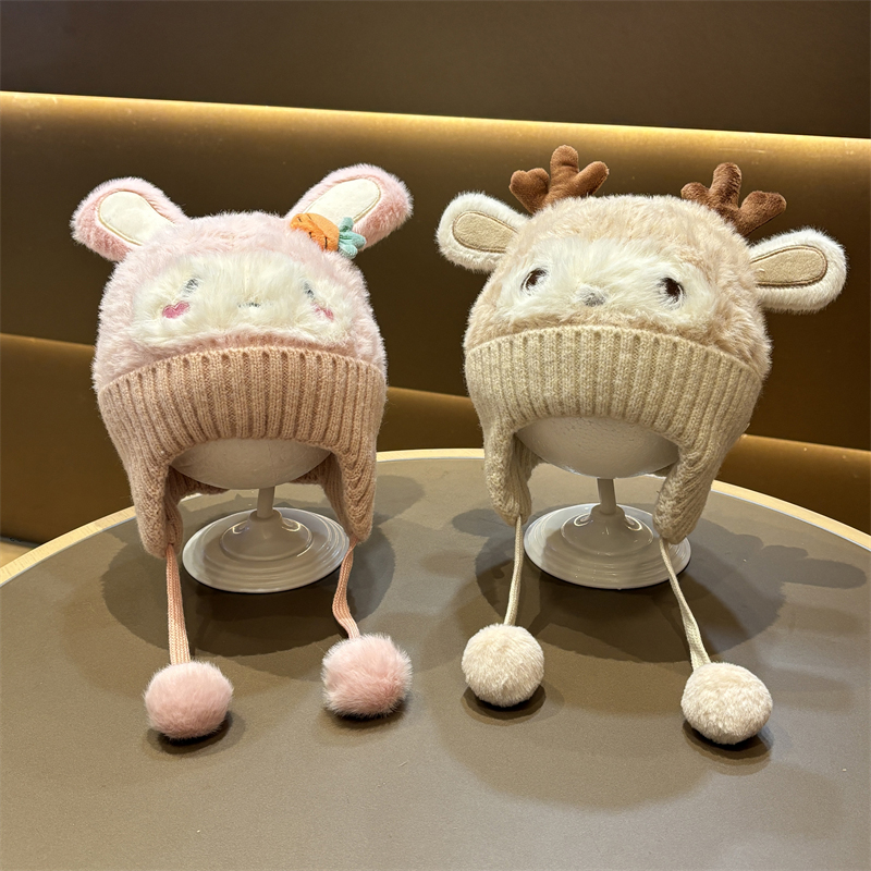 宝宝帽子秋冬季婴儿毛绒帽可爱超萌婴幼儿小月龄护耳帽女童针织帽