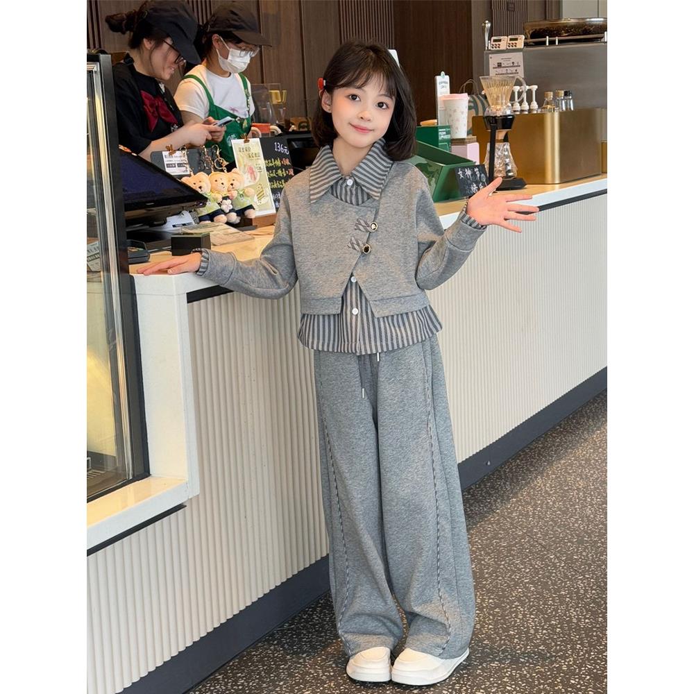 女童套装春装2025新款洋气时髦超好看衬衫卫衣假两件女大童春秋款