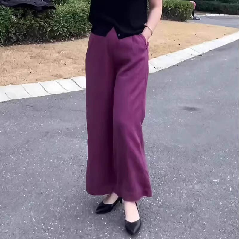 韩版高档紫色阔腿裤女2025夏季新款时尚气质抗皱宽松透气直筒裤