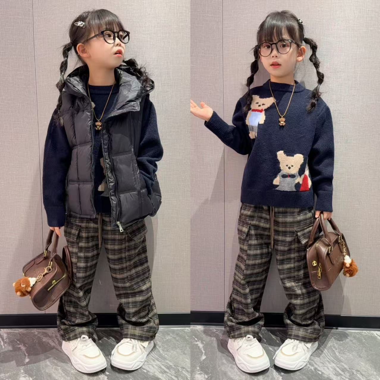 女童秋冬新款季韩版小熊宽松甜美毛衣潮品加绒阔腿休闲裤马甲套装
