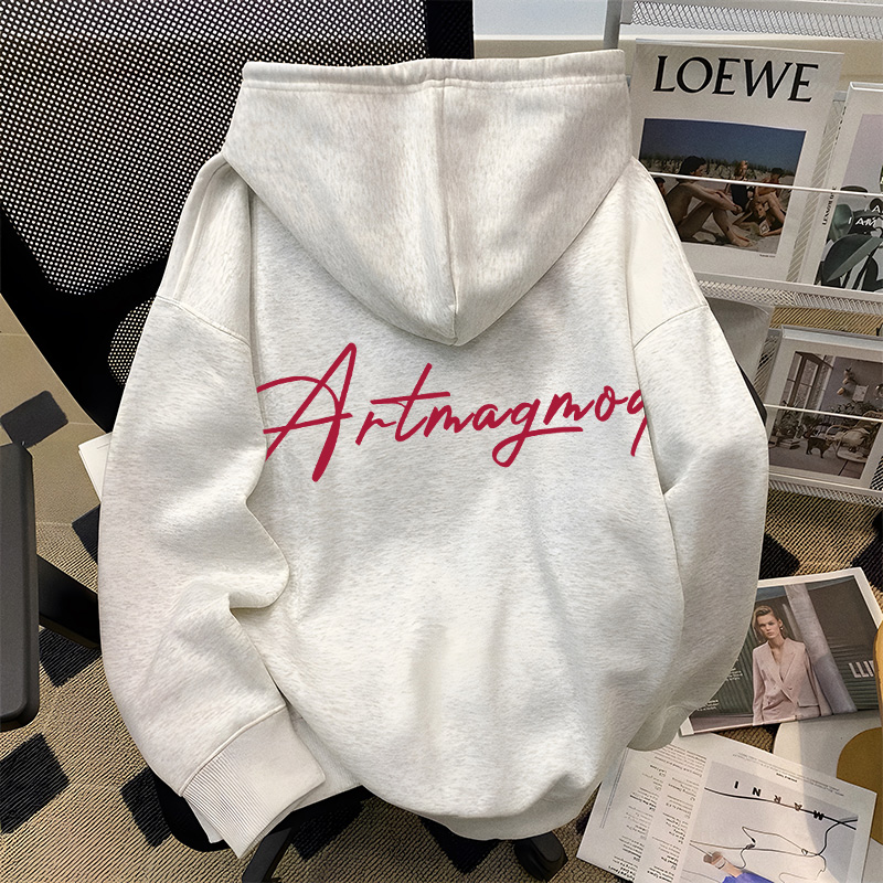 重磅500克加绒加厚连帽卫衣宽松秋冬季复古艺术英文男女同款男装Z