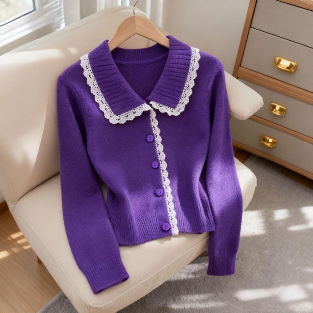 2025秋季新款流行时尚女装韩系超好看显瘦蕾丝毛衣紫色针织衫爆款