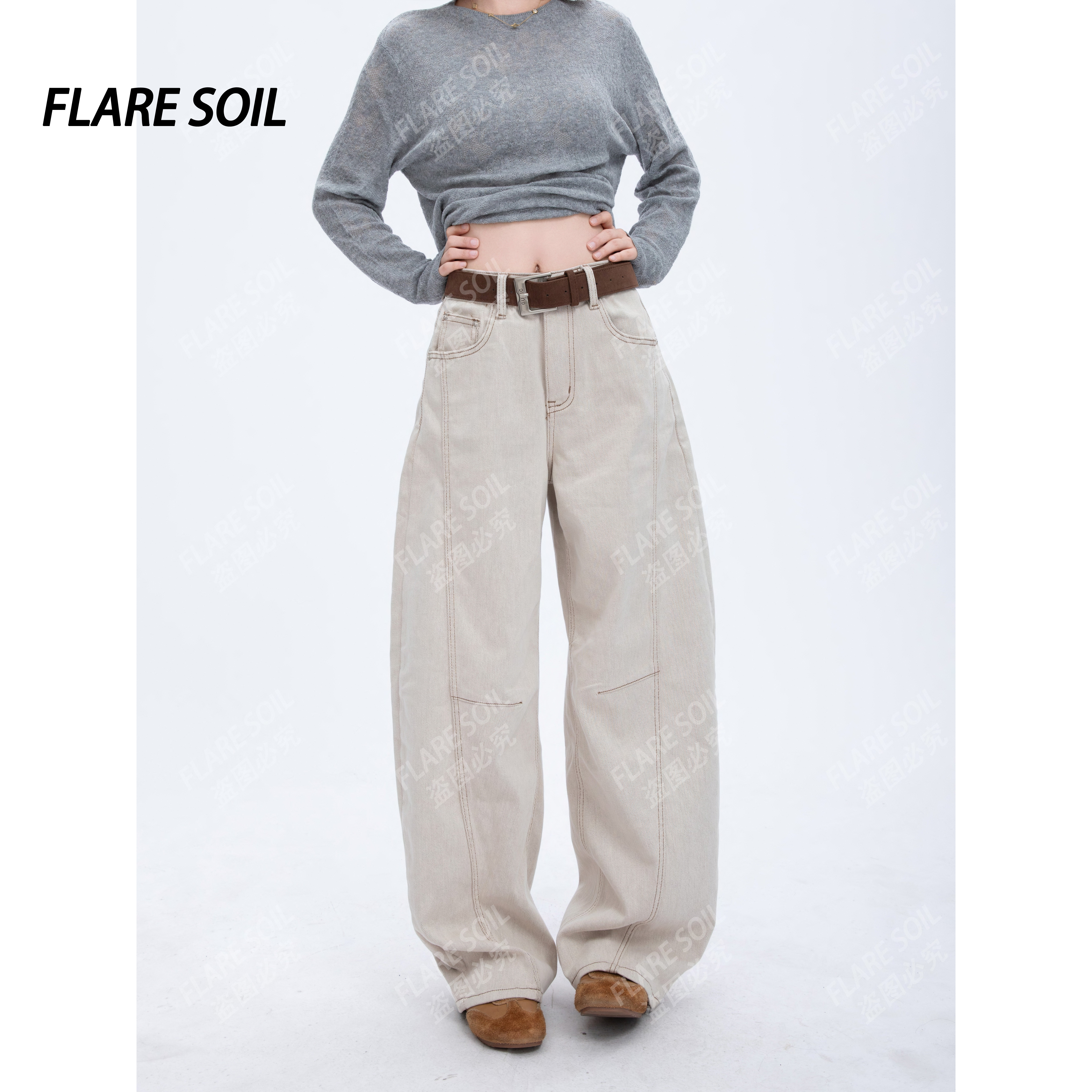 【FLARE SOIL】（现货）美式复古弯刀阔腿水洗牛仔裤拼接长裤 T4632B