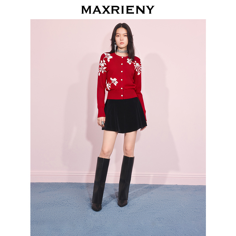 MAXRIENY波尔多红羊毛针织衫25冬款圣诞复古撞色穿搭长袖毛衣女