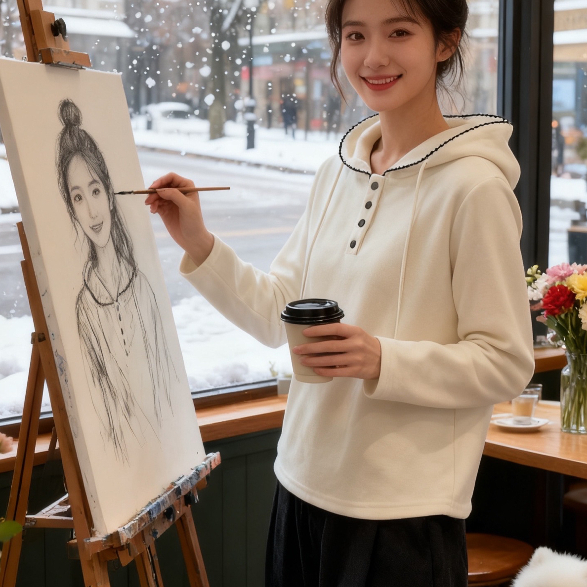 韩系慵懒风连帽加绒加厚卫衣秋冬季宽松显瘦洋气抽绳纽扣长袖上衣