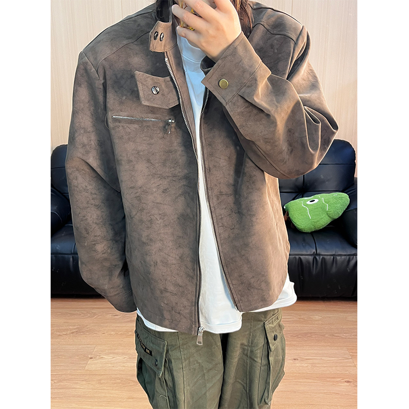 美式立领哈灵顿夹克男秋冬季棉服cleanfit美拉德PU皮雾面飞行外套