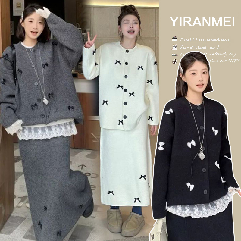 孕妇装秋季套装2025新款蝴蝶结孕妇开衫毛衣秋季显瘦孕妇半身裙
