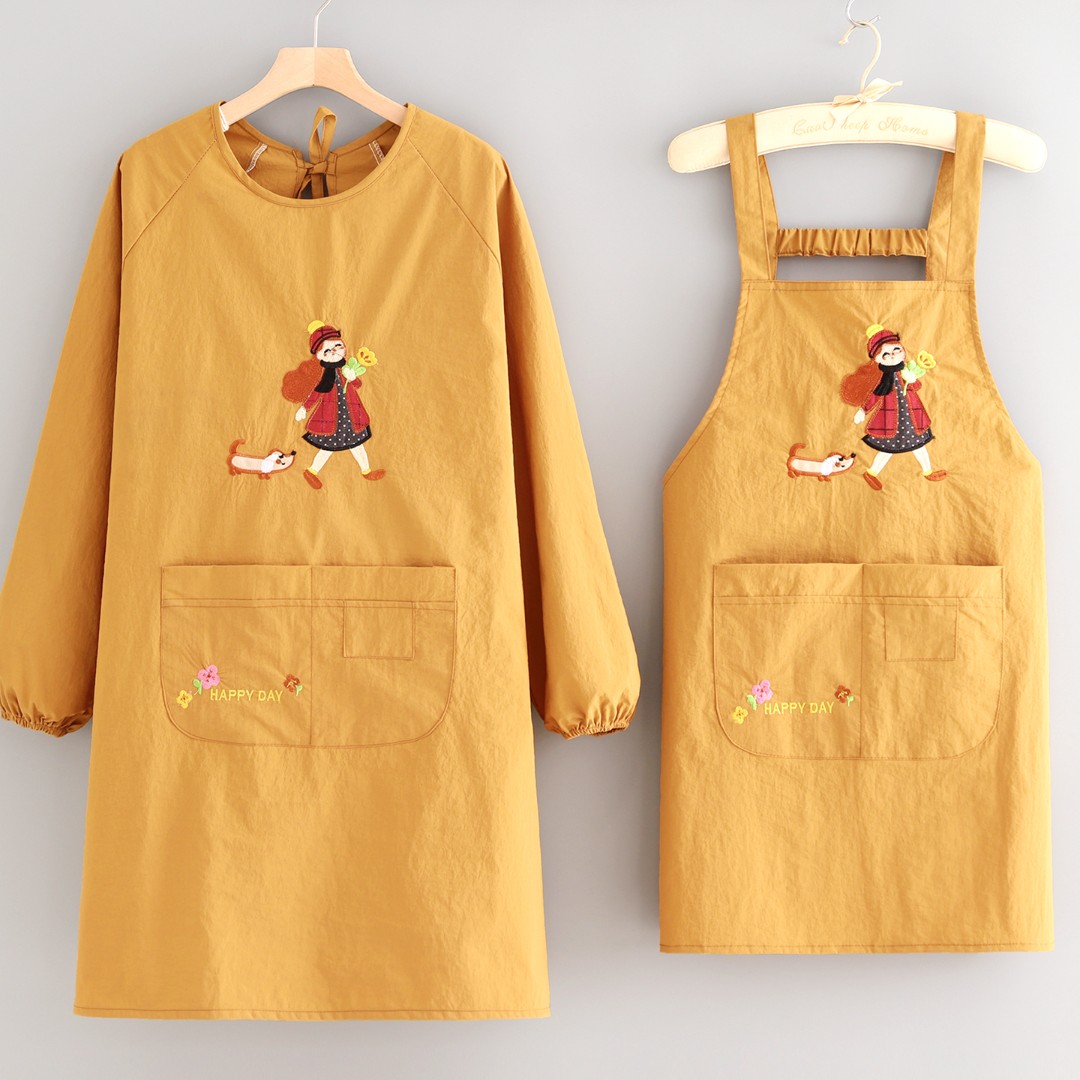 家用厨房围裙长袖成人上班干活防泼水耐脏工作服透气罩衣反穿衣女