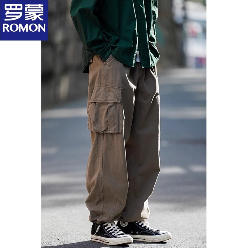 罗蒙美式重磅纯棉高级感多口袋抽绳束脚工装潮牌春秋季直筒休闲裤