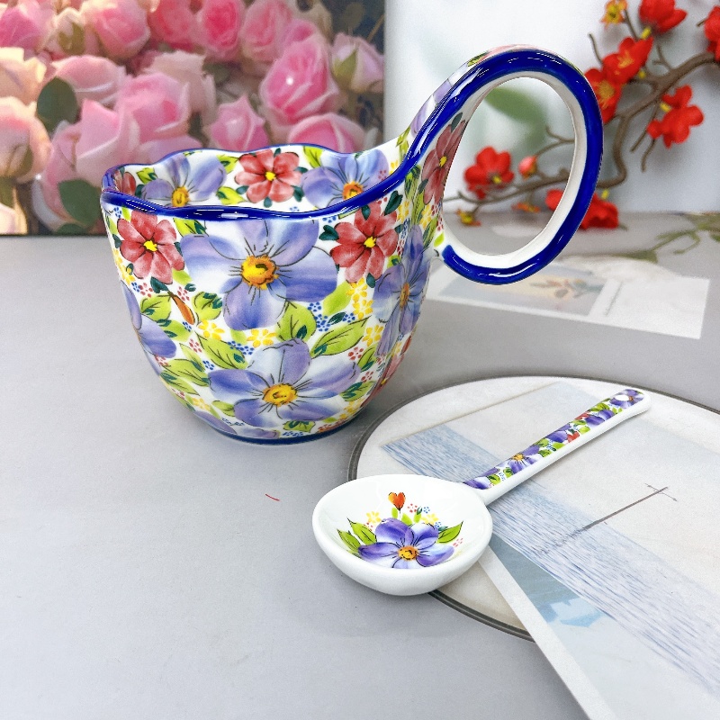 （精选）紫荆花园系列曲把杯配勺家用陶瓷餐具500ML