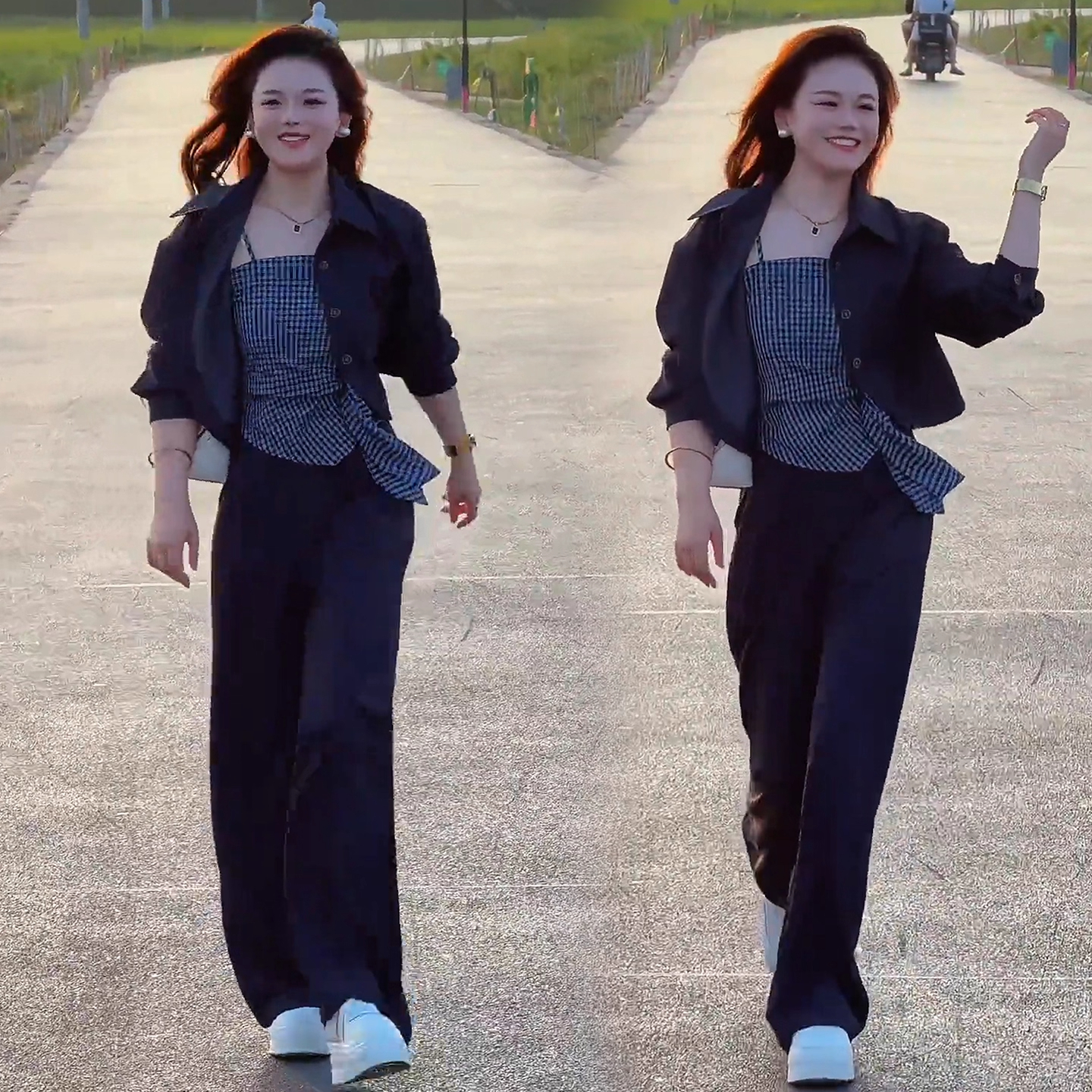 小个子2025秋新款外套设计感格子背心阔腿裤三件套女洋气减龄套装