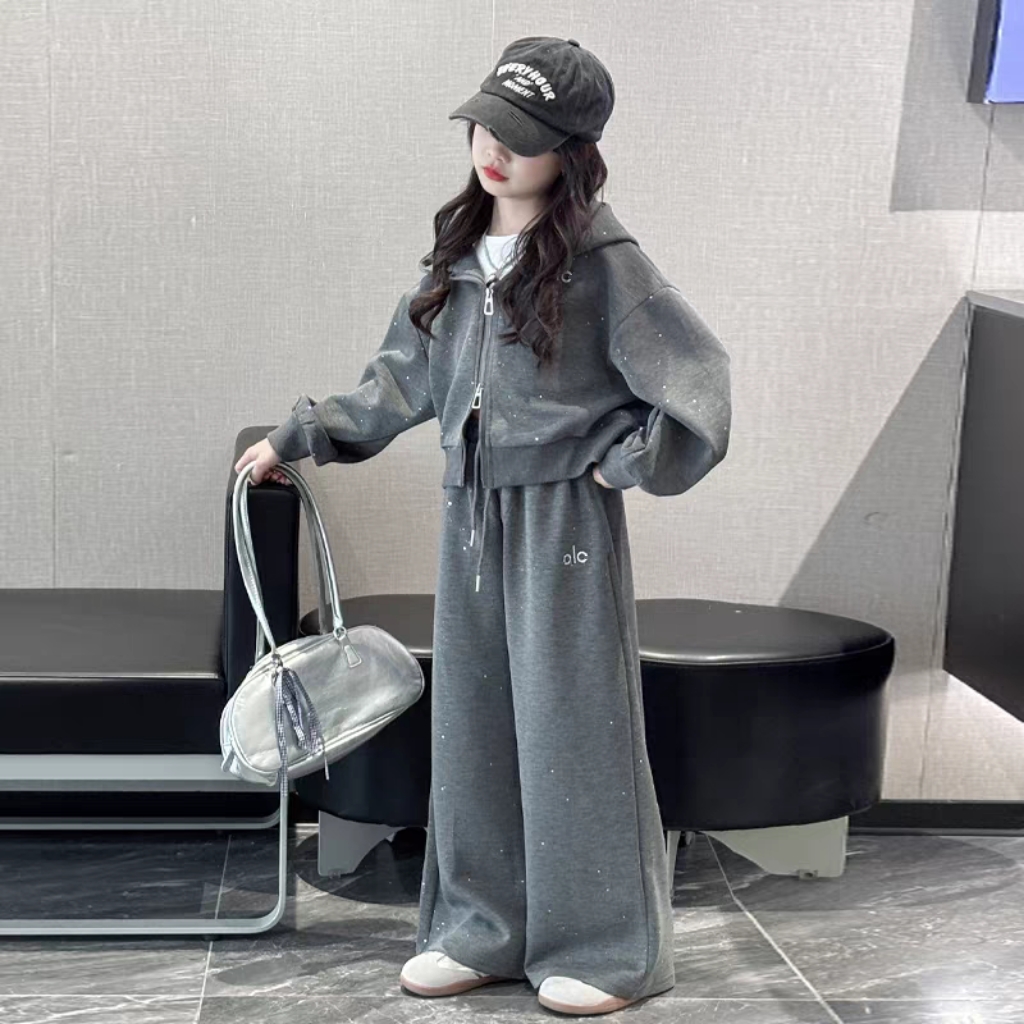 女童套装2025新款洋气时髦儿童春秋款开衫阔腿裤两件套休闲运动装