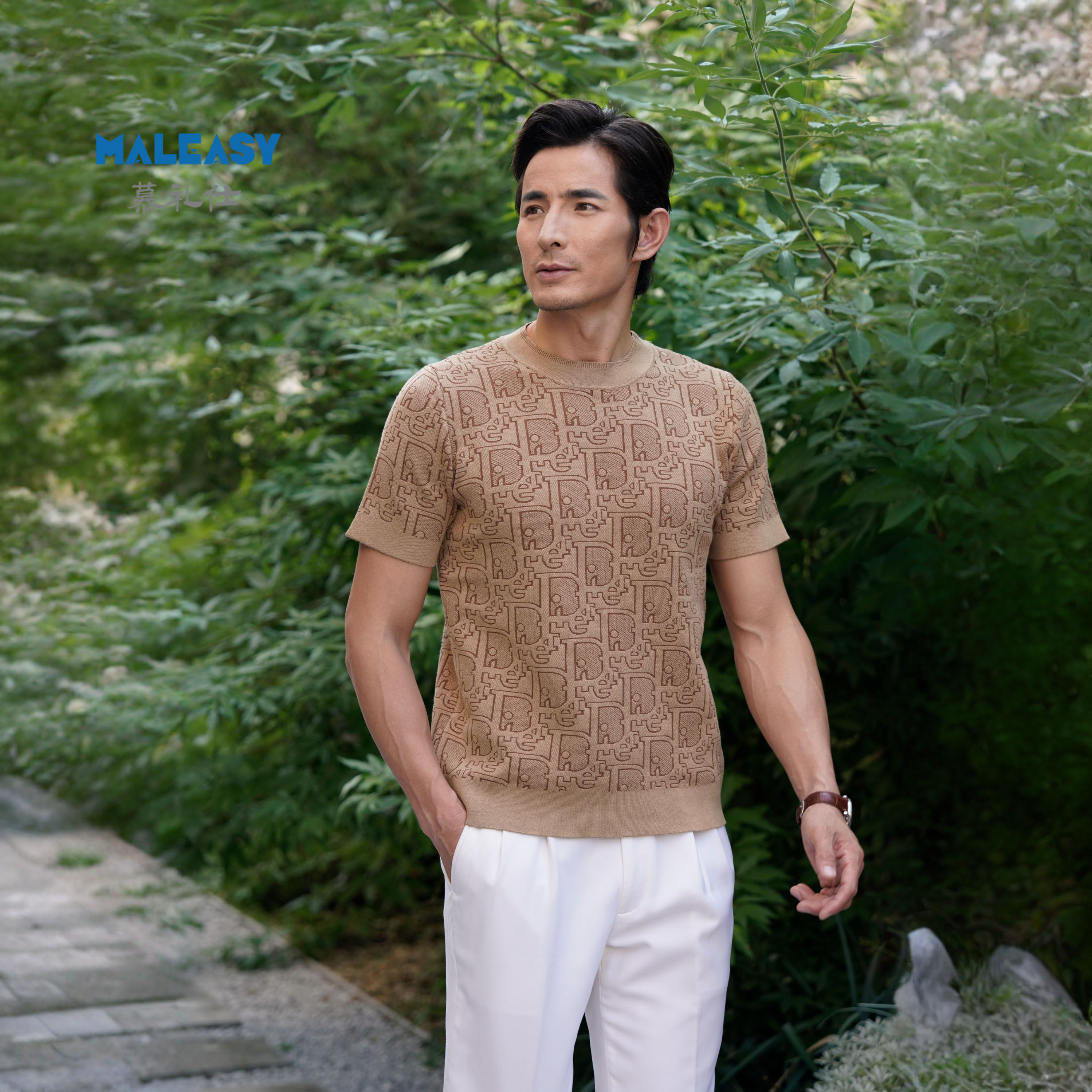 MALEASY/慕礼仕时尚百搭男士圆领针织衫轻奢提花毛衣短袖打底衫