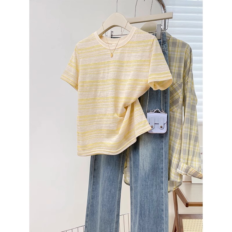美式正肩圆领短袖显瘦T恤女夏季新款百搭时尚多巴胺条纹小众上衣