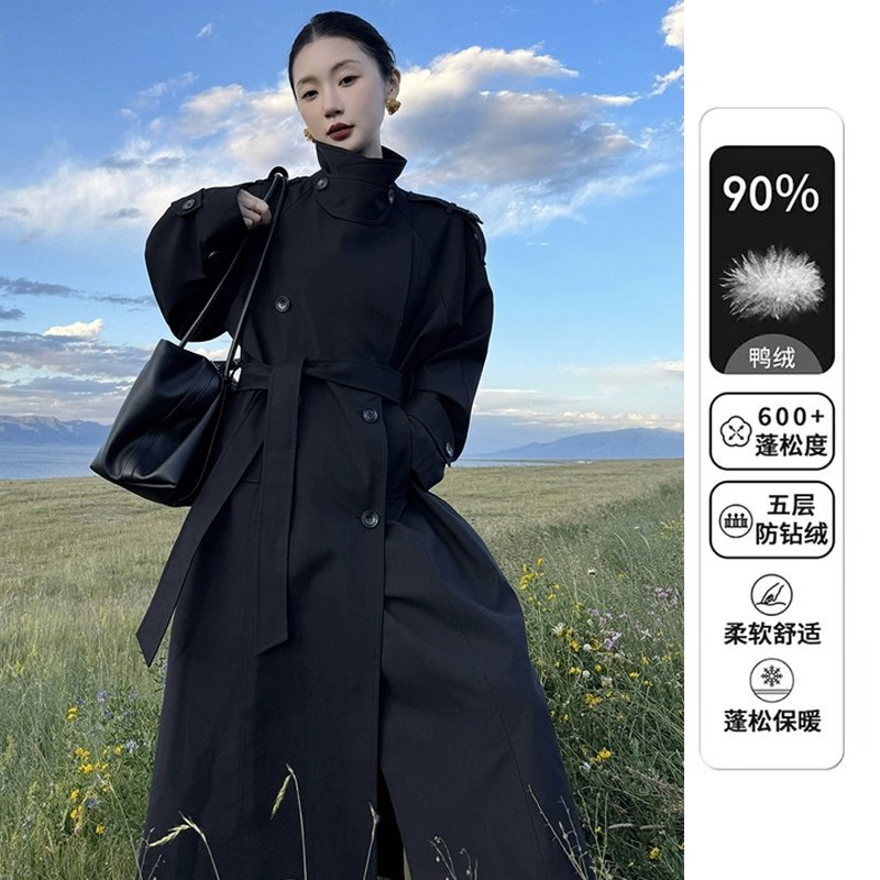 90白鸭绒黑色羽绒内胆外套女长款2025冬季新款高级感英伦加绒大衣