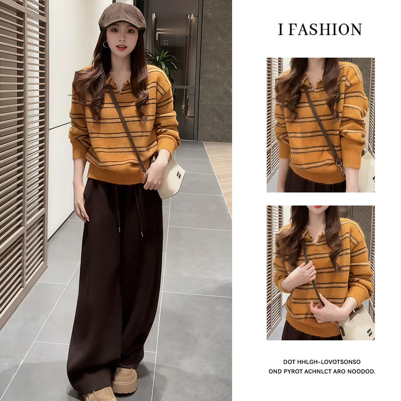 韩系风撞色时尚套装女2025年春秋新款洋气百搭针织衫阔腿裤两件套