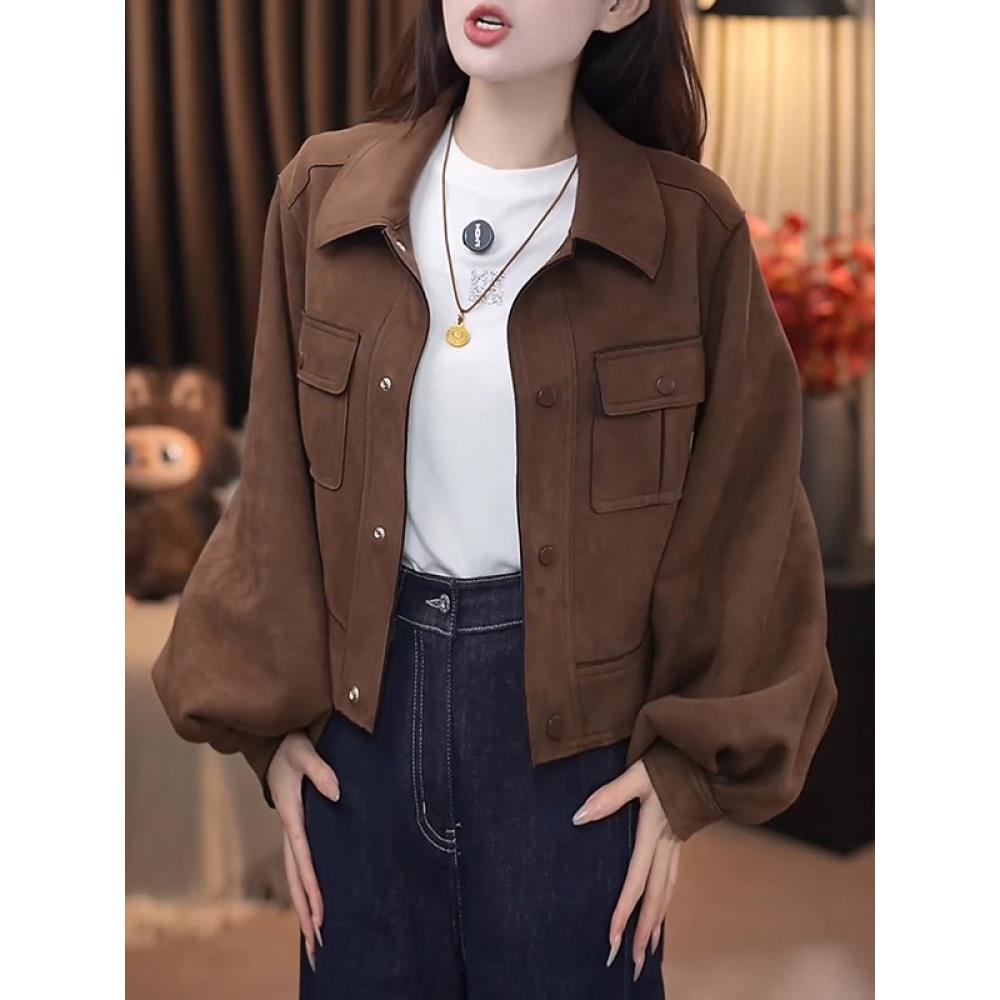 美式复古麂皮绒翻领短外套女2025秋装新款小个子时尚休闲夹克上衣
