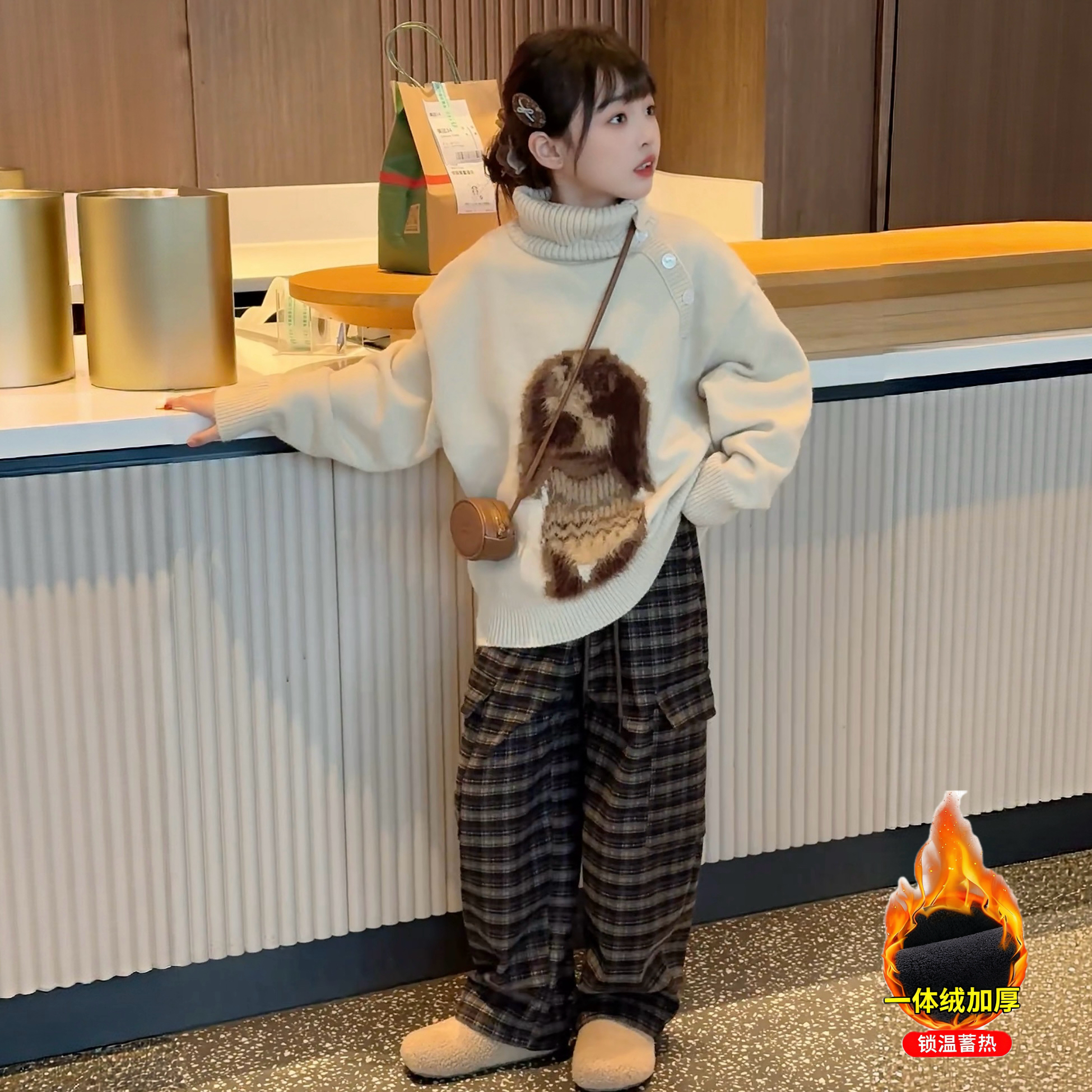 女童秋冬新款韩范高领小狗毛衣休闲宽松格纹加绒裤两件套