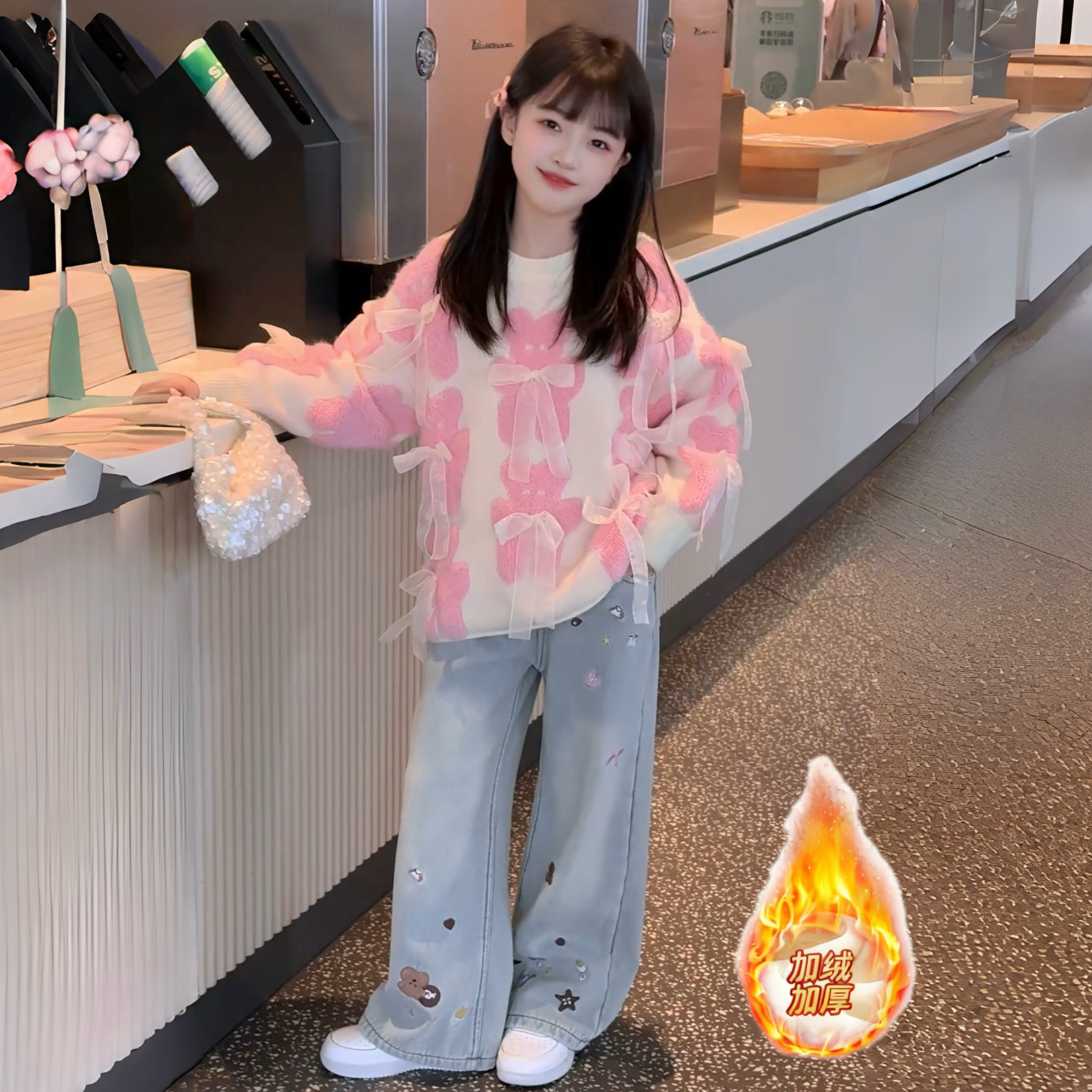 女童秋冬新款拼接蝴蝶结小熊针织毛衣绣花加绒阔腿牛仔裤两件套