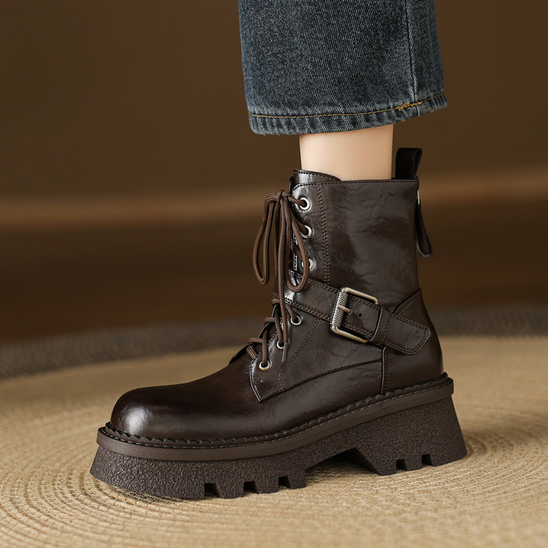 小个子洋气百搭皮带扣牛皮马丁靴冬粗中跟圆头真皮系带短靴女