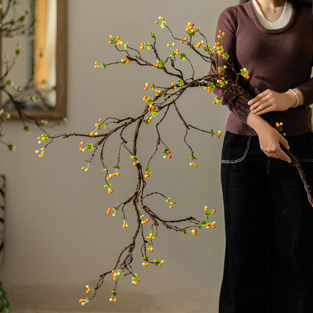 掬涵海棠彷真花果枝干花花束轻奢高端花艺客厅假花桌面装饰品摆件