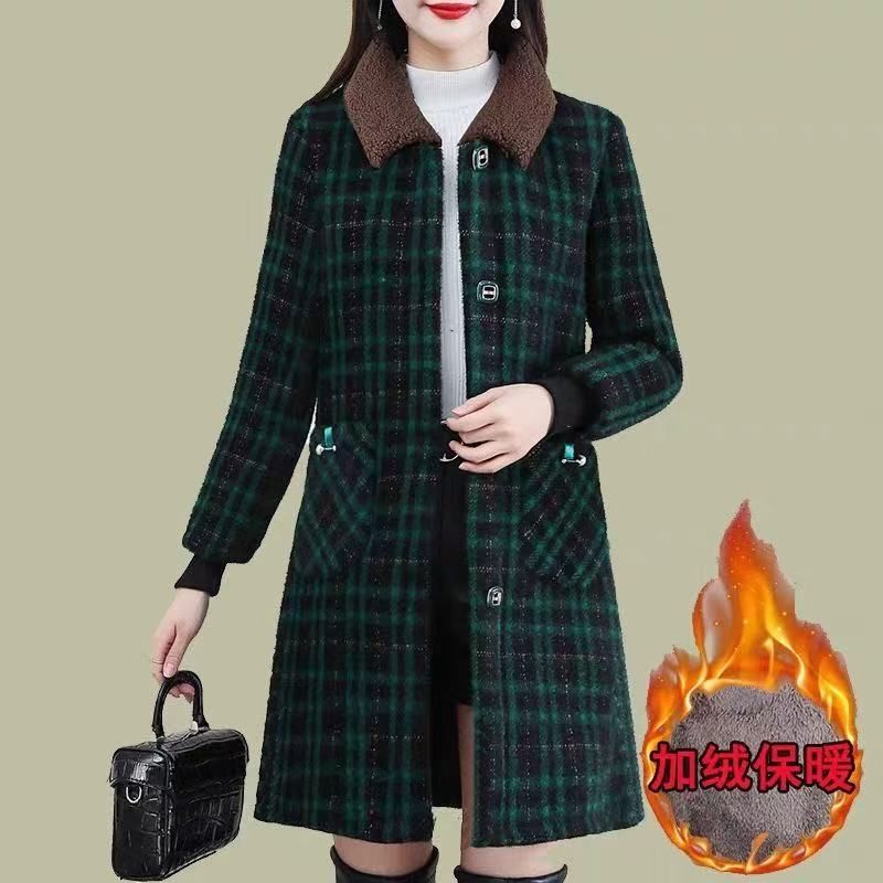 中老年妈妈装外套女2025秋冬新款加绒加厚格子毛呢大衣中长款棉衣