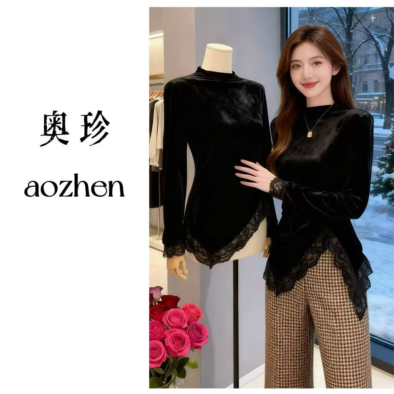 黑色半高领蕾丝花边秋冬新款复古不规则长袖上衣