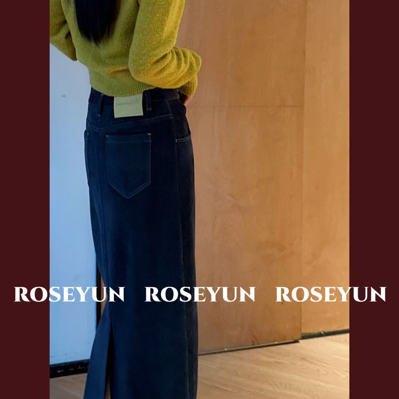 【Rose Yun】复古港风格调丹宁牛仔蓝后开叉半身裙  JY115097