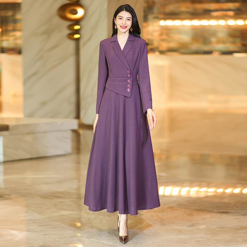 时尚气质长裙假两件套连衣裙女装修身时尚显瘦紫色长裙春秋女显瘦
