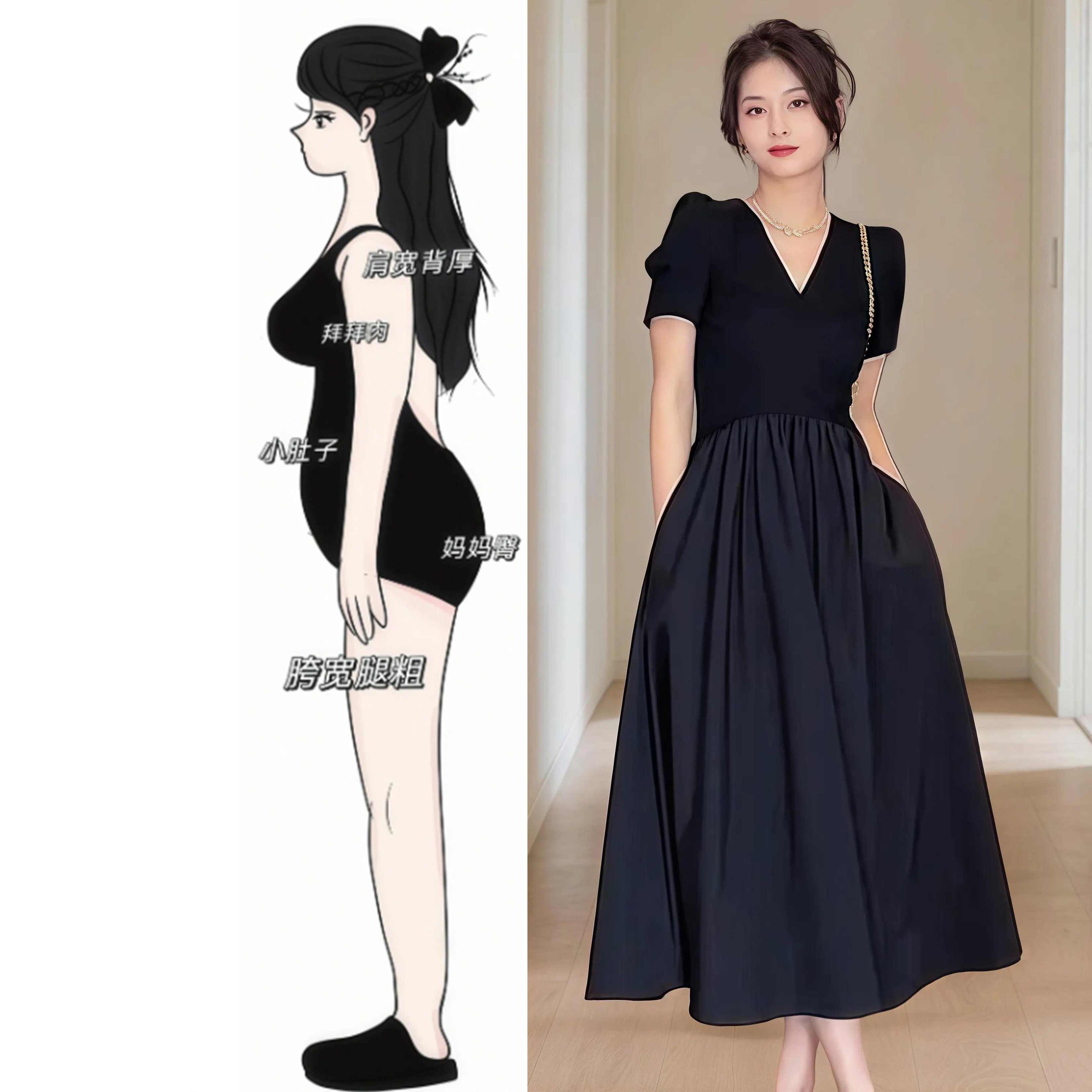 法式赫本风黑色V领连衣裙女夏季新款高级感气质收腰显瘦中长裙子