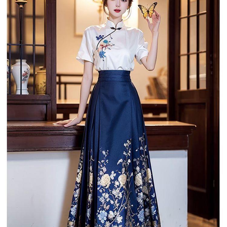 可日常上班出游穿搭马面裙套装2025夏季新款短袖绣花上阔腿裤套装